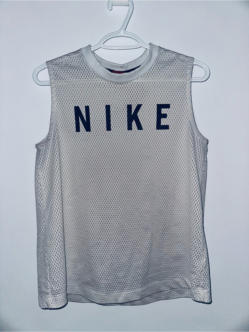 Nike White Mesh Sleeveless Athletic Tank with Navy Logo